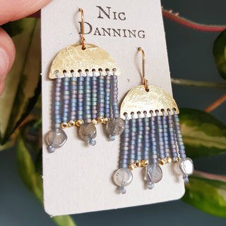 Glowing gold earrings with fine Japanese glass seed beadwork. 'Hera Delphi' ethical hand beaten brass earrings by Nic Danning Jewellery.
