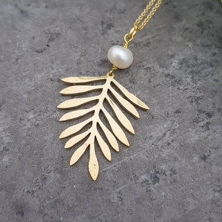 Gold Leaf Beaten Brass Pendant Necklace | Freshwater Pearl