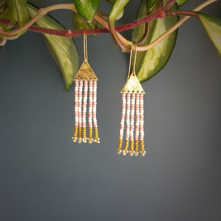 'Lamorna' Hand Beaten Brass | Beaded Fringe Stud Earrings