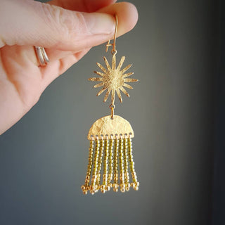 'Icarus' Gold Sunburst Hera Earrings | Olive Gold Beaded Fringe