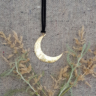 Gold Moon Pendant, Beaten Brass Necklace