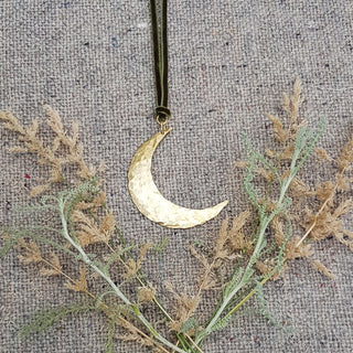 Gold Moon Pendant, Beaten Brass Necklace