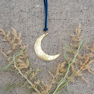Gold Moon Pendant, Beaten Brass Necklace