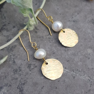 'Aureus' Hammered Brass Earrings and Freshwater Pearl