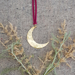Gold Moon Pendant, Beaten Brass Necklace