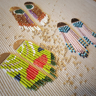 Hand Beaded Fringe Earrings, Gold Plated Woodpecker Design
