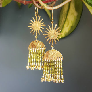'Icarus' Gold Sunburst Hera Earrings | Olive Gold Beaded Fringe