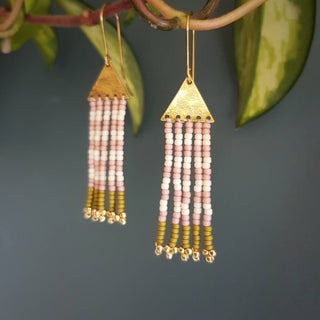 'Lamorna' Hand Beaten Brass | Beaded Fringe Stud Earrings