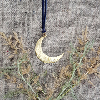 Gold Moon Pendant, Beaten Brass Necklace