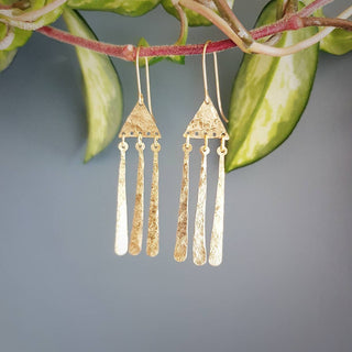 Handmade Beaten Brass 'Tempest Imbrem'  Fringed Earrings, solid brass, Statement geo earrings, Gold plated ear wires, Ready to gift