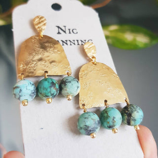 'Titans Gaia' Turquoise and hand beaten brass earrings
