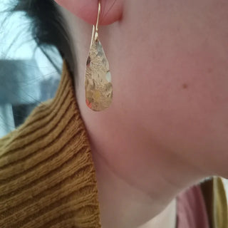 Nic Danning Jewellery | Customer review photo. Tempest Ros earrings in hand beaten brass.