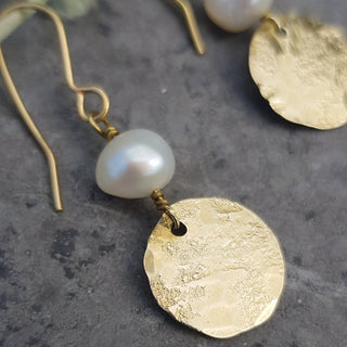 'Aureus' Hammered Brass Earrings and Freshwater Pearl