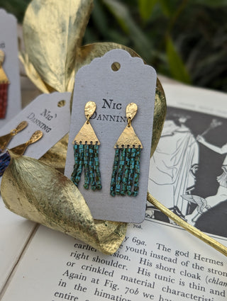 'Thebes' Beaten Brass Stud Earrings | Turquoise Beaded Fringe