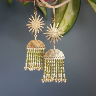 'Icarus' Gold Sunburst Hera Earrings | Olive Gold Beaded Fringe