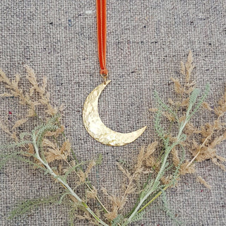 Gold Moon Pendant, Beaten Brass Necklace