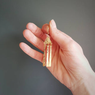 Handmade Beaten Brass 'Tempest Imbrem'  Fringed Earrings, solid brass, Statement geo earrings, Gold plated ear wires, Ready to gift