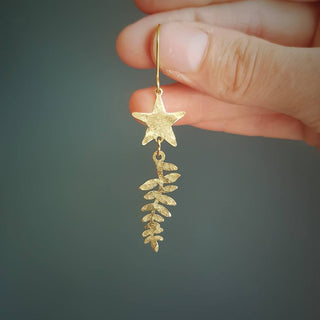 'Dusk' Hammered Brass Star Leaf Earrings