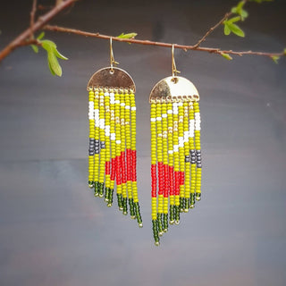 Hand Beaded Fringe Earrings, Gold Plated Woodpecker Design
