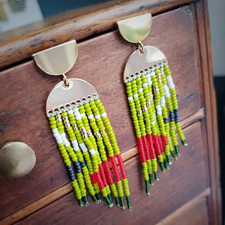 Hand Beaded Fringe Earrings, Gold Plated Woodpecker Design