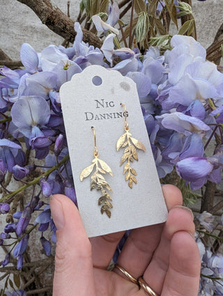 Gold Wisteria Beaten Brass Leaf Earrings