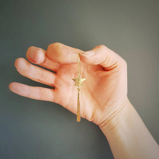 Glowing gold drop earrings in celestial design. 'Tempest Maris' ethical hand beaten brass earrings by Nic Danning Jewellery.