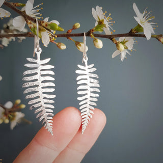 Shimmering silver earrings in botanical fern leaf design. 'Gossamer Fern' ethical hand beaten stainless steel earrings by Nic Danning Jewellery.